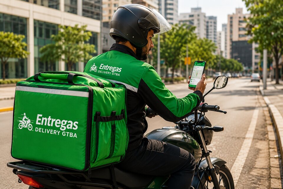 Entregador da Entregas Delivery em uma moto acompanhando a rota pelo celular