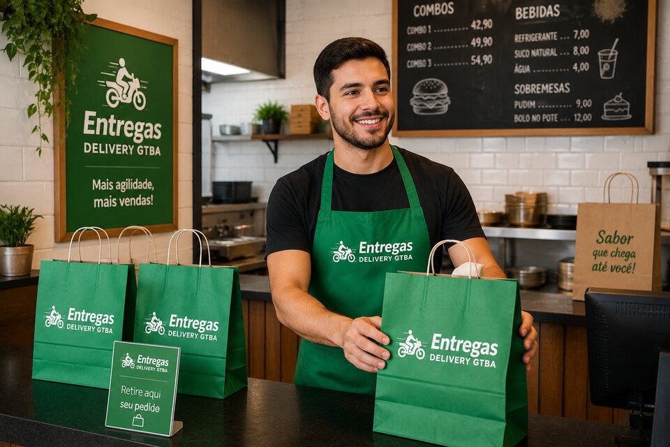 Lojista sorrindo atrás do balcão com pedidos prontos para retirada pela Entregas Delivery